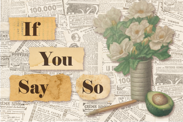 if you say so with collage of a vase of flowers, avocado, and text on the background